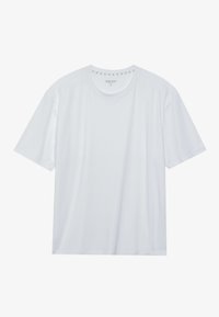 Λευκό κοντομάνικο T-shirt από μαλακό ύφασμα με στρογγυλή λαιμόκοψη και ελαφρώς φαρδιά εφαρμογή. Απλός σχεδιασμός, χωρίς μοτίβα ή διακοσμητικά στοιχεία.