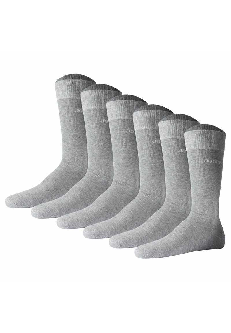 Paquete de seis pares de calcetines de algodón gris, de longitud media hasta la pantorrilla, con parte superior acanalada, detalle del logotipo, textura suave, adecuados para uso diario.
