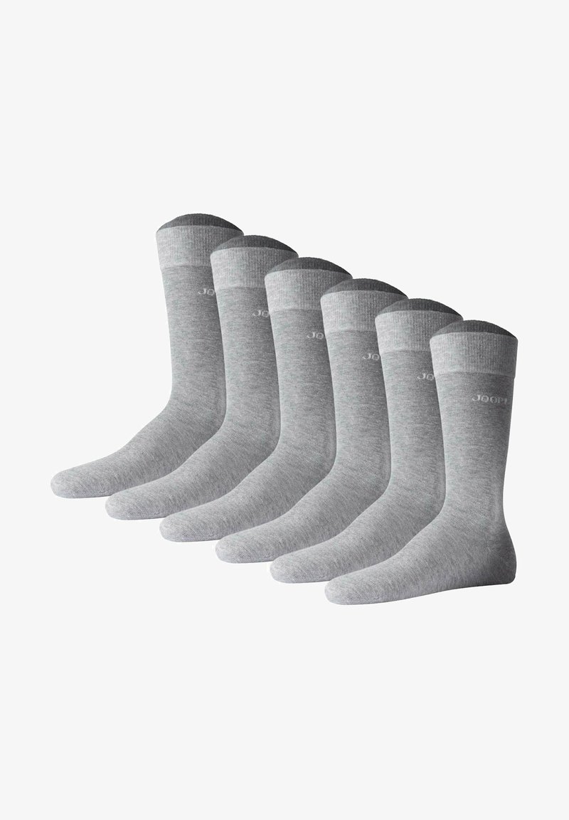 Paquete de seis pares de calcetines de algodón gris, de longitud media hasta la pantorrilla, con parte superior acanalada, detalle del logotipo, textura suave, adecuados para uso diario.