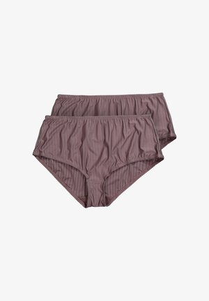 Dos braguitas de mujer de talle alto en color malva con finas rayas verticales blancas, colocadas planas sobre un fondo blanco.