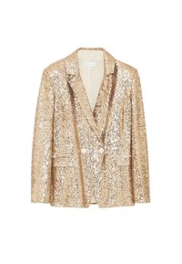 Blazer in paillettes dorate con classico colletto a punta, chiusura doppiopetto e due tasche frontali. Interno in tessuto liscio con vestibilità sartoriale.