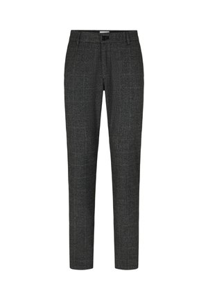 Graue maßgeschneiderte Hosen aus strukturiertem Stoff, mit einem dezenten Karomuster, vorderen Taschen und einem Knopfverschluss am Bund.