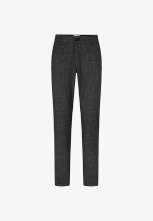 Graue maßgeschneiderte Hosen aus strukturiertem Stoff, mit einem dezenten Karomuster, vorderen Taschen und einem Knopfverschluss am Bund.