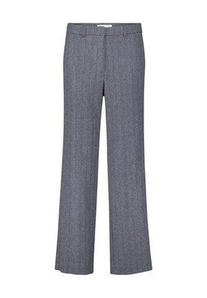 Pantalons à larges jambes en chevrons gris avec une texture lisse, dotés d'une taille plate et sans embellissements ni quincaillerie visibles.