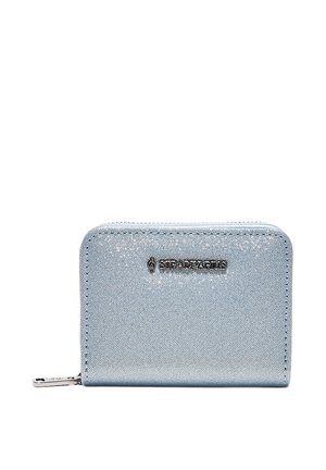 Piccolo portafoglio con cerniera in azzurro metallico chiaro con finitura testurizzata e logo in metallo sul davanti.
