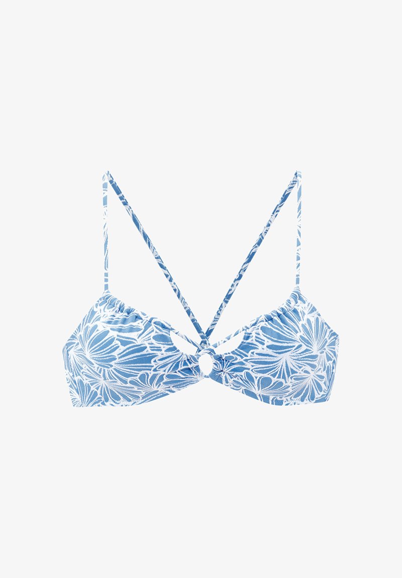 Top de bikini azul con patrón floral blanco, tirantes finos ajustables y un pequeño corte en forma de ojo de cerradura en el centro delantero.