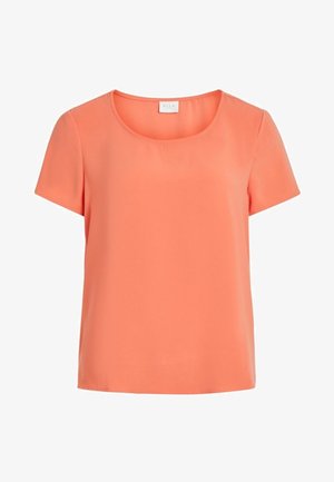 Short-sleeve, scoop-neck top in bright coral, made of smooth, lightweight fabric. Features a relaxed fit and minimalistic design.