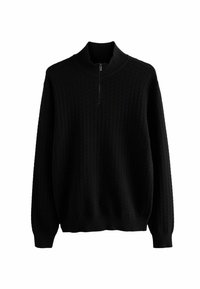 Schwarzer gestrickter Pullover mit hohem Kragen, halbem Reißverschluss, gerippten Bündchen und strukturiertem Muster im gesamten Stoff.