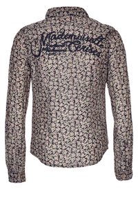 Camicia a maniche lunghe in tessuto scuro con motivo floreale. Presenta un colletto classico e testo ricamato sulla parte posteriore. Polsini con bottoni.