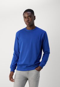 Sudadera azul con mangas largas y escote redondo. Presenta puños y dobladillo de canalé, textura suave y un logo sutil en el pecho.