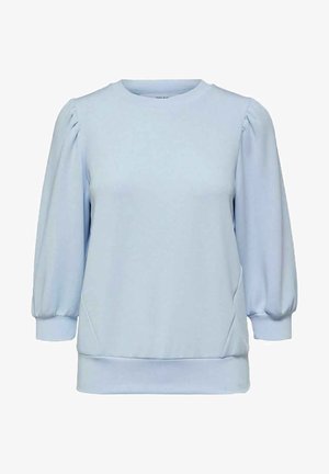 Ljusblå sweatshirt med långa puffärmar, rund hals, sid sömsdetaljer och ribbad nederkant. Mjuk tyg med en jämn textur.
