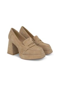 Beige suede block heel shoes with a rounded toe, a penny loafer design, and a wide, chunky heel. Smooth texture with stitched accents.