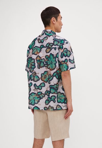 Short-sleeve, collared shirt in light fabric with a textured floral pattern in green, blue, and brown tones. Back view displayed.