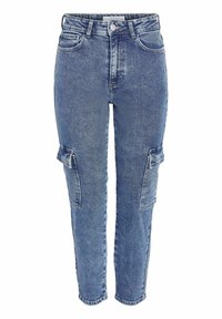 Jeans de mezclilla azul de tiro alto con un acabado desgastado, cinco bolsillos y bolsillos laterales de estilo cargo. Diseño de pierna recta con detalles de costura mínimos.