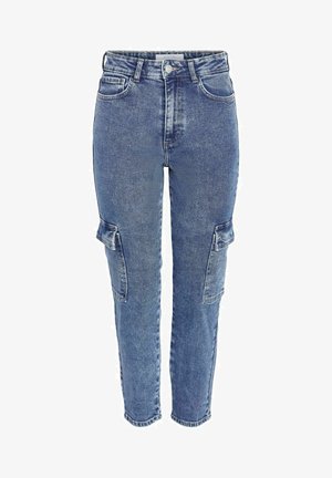 Hoge taille blauwe spijkerbroek met een vervaagde afwerking, vijf zakken en cargostijl zijzakken. Recht lijn ontwerp met minimale stikdetails.