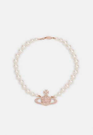 Pearl necklace featuring round pearls in a creamy shade, with a rose gold accent charm embellished with clear gems in a crown design.