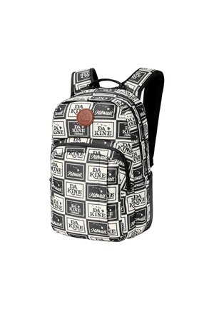 Black and white patterned backpack with multiple logos, padded shoulder straps, and a leather logo patch. Durable fabric and zippered compartments.