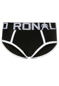 Sort undertøj med hvidt kantbånd og et bredt sort elastikbånd med navnet "RONALD" i grå, designet til en tætsiddende pasform.
