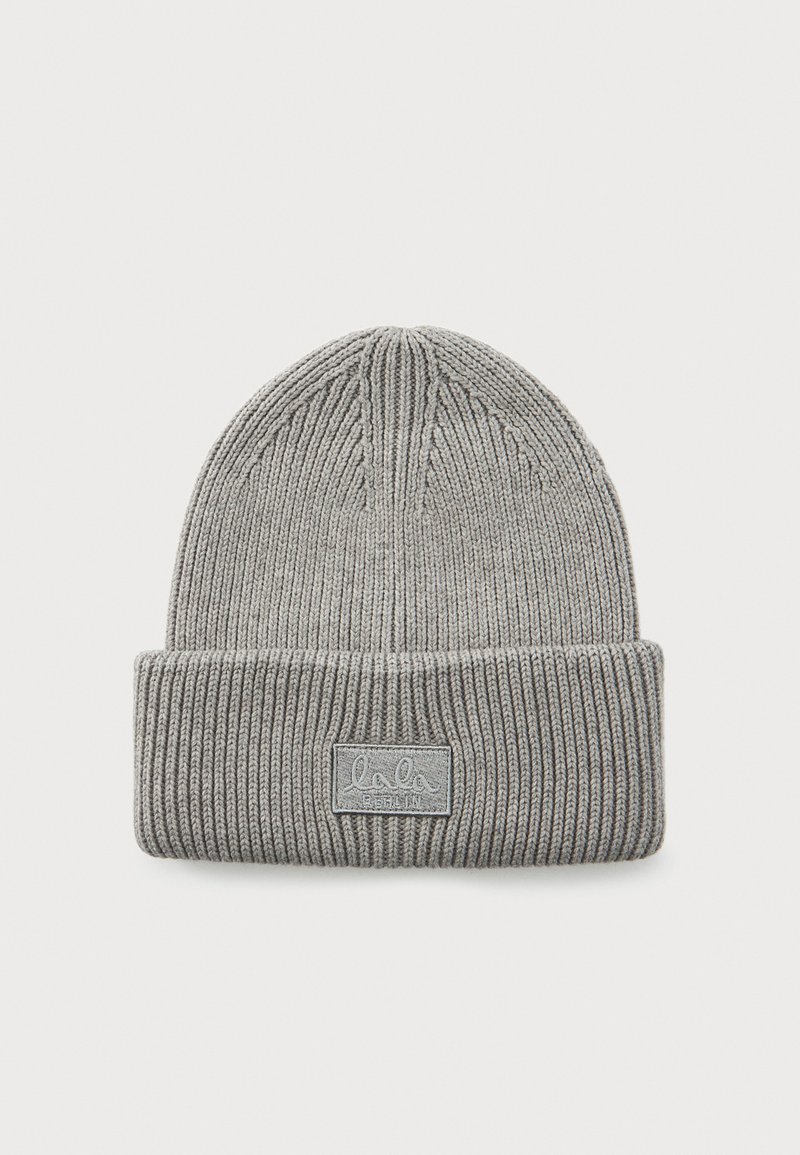 Light gray ribbed knit beanie with folded edge and small rectangular patch on front.