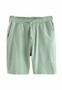 Light green shorts with a textured pattern, elastic waistband, adjustable drawstring, and side pockets. Relaxed fit.