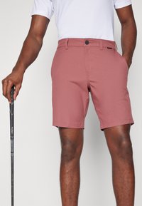 Rosa golfshorts laget av mykt stoff, med knappelukking, frontlommer og rett ben-design. Kombinert med en hvit T-skjorte.