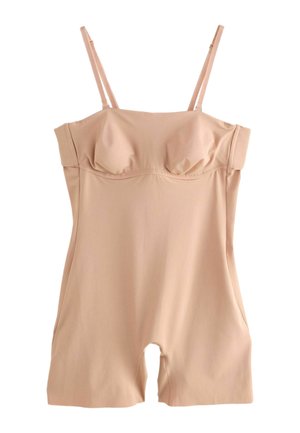 Goli bodysuit bez naramenica s podesivim trakama, uskim dizajnom, mekanim rastezljivim materijalom i suptilnim oblikovanjem grudi. Duljina do sredine bedara bez zatvaranja.