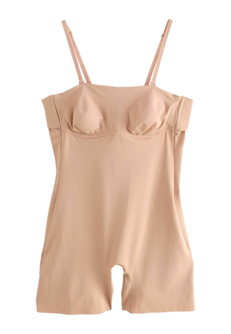 Goli bodysuit bez naramenica s podesivim trakama, uskim dizajnom, mekanim rastezljivim materijalom i suptilnim oblikovanjem grudi. Duljina do sredine bedara bez zatvaranja.