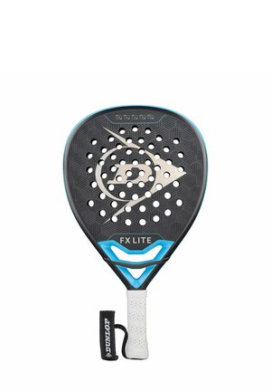 Racchetta da padel Dunlop FX Lite nera e blu con impugnatura bianca e cinturino da polso marchiato su sfondo bianco.