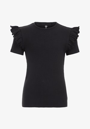 Fekete bordás póló rövid ujjakkal, fodros díszítéssel a vállakon. Egyszerű, kerek nyakkivágás és testhezálló fazon.