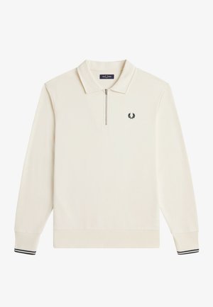 Langärmliges Poloshirt in Cremefarbe mit einem Viertel-Reißverschluss, gerippten Bündchen mit schwarzen Streifen und einem kleinen schwarzen Lorbeerkranz-Logo auf der Brust.