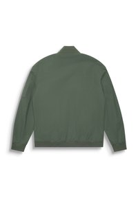 Maslinasto zeleni bomber jakna, lagani materijal, rebrasti manžeti i donji rub, ovratnik i zatvorena džep na lijevoj rukavu. Jednostavan dizajn.