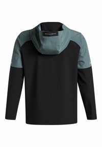 Men’s long-sleeve black and dark green Under Armour jacket with hood, shown from the back on a white background.