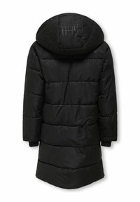 Black puffer coat featuring a hood, textured material with a subtle crocodile pattern, elastic cuffs, and a knee-length design.