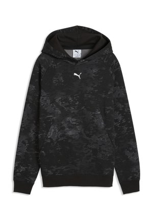 Sweat à capuche noir et gris foncé à motif camouflage, avec un logo Puma blanc sur la poitrine et une poche kangourou à l'avant.