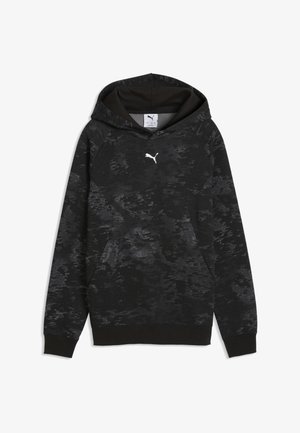Czarna i ciemnoszara bluza z kapturem w wzór kamuflażu z białym logo Puma na piersi i przednią kieszenią kangura.