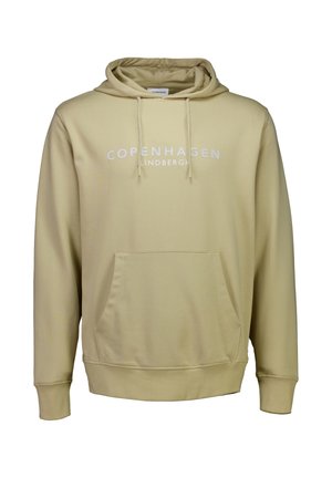 Beige hoodie with a kangaroo pocket, adjustable drawstring hood, and "Copenhagen Lindbergh" printed in white. Smooth fabric texture.