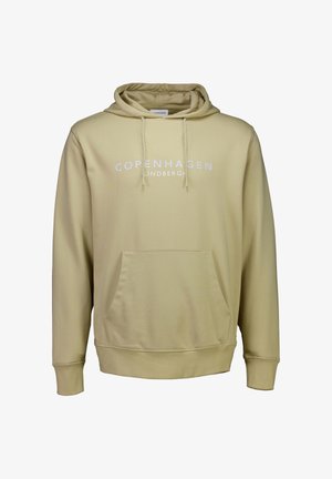 Beige hoodie met een kangoeroezak, verstelbare trekkoordkap en "Copenhagen Lindbergh" in het wit gedrukt. Glad stofoppervlak.