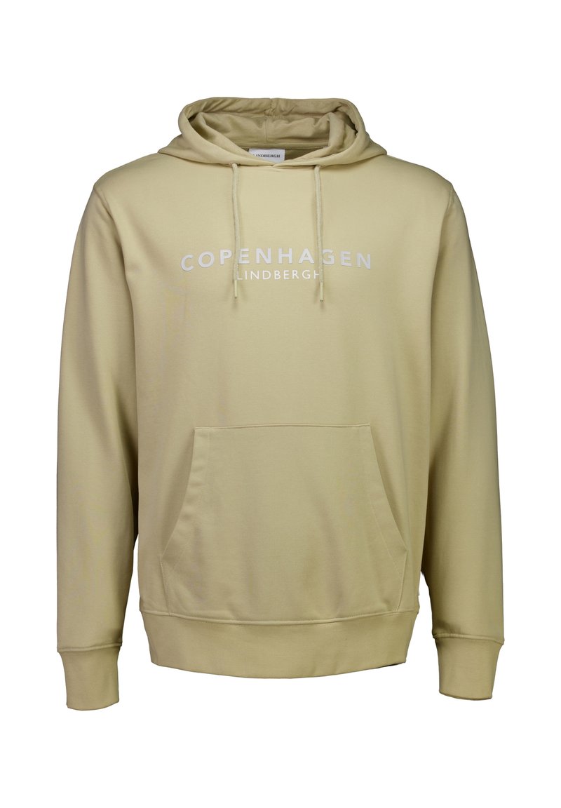 Felpa beige con tasca a marsupio, cappuccio regolabile con coulisse e stampa "Copenhagen Lindbergh" in bianco. Tessuto liscio.