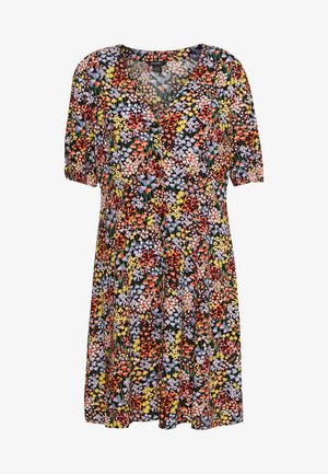 Robe florale longueur genou avec manches courtes à manches ballon, encolure en V et motif de petites fleurs multicolores sur fond noir.