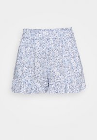 Květinové kraťasy s jemným modro-bílým vzorem, elastickým pasem, volánkovým lemem a měkkou texturou látky.