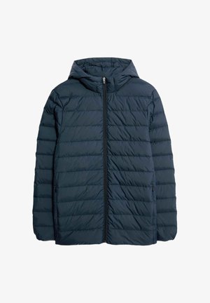 Navy blue puffer jacket with a hood, featuring horizontal quilted sections, zippered front, and side pockets. Made from a smooth, lightweight material.
