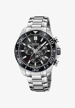 Hronogrāfs ar aci, kuram ir nerūsējošā tērauda aproce, melna keramikas bezels un melns ciparnīca ar sudraba marķieriem un rādītājiem.