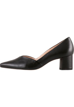 Black leather mid-heel shoe featuring a pointed toe, subtle cutout design, and a chunky heel with a smooth finish.