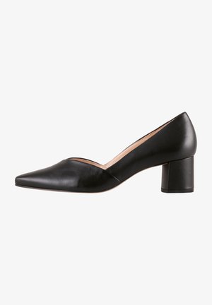 Zwarte leren mid-heel schoen met een spitse neus, subtiele uitsnijdingen en een chunky hak met een gladde afwerking.
