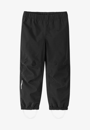 Czarne wodoodporne spodnie z elastycznym pasem, regulowanymi mankietami u kostek oraz odblaskowymi detalami po bokach dla lepszej widoczności.
