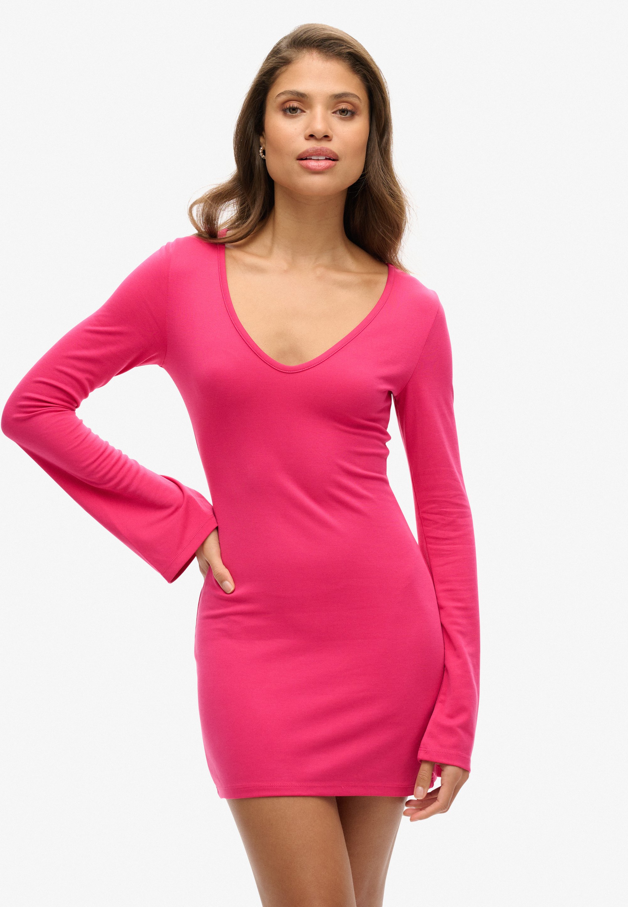 slim fit dress slacks Black Long Flared Sleeves Drape Detail Bodycon Mini Dress | Dress main image 0