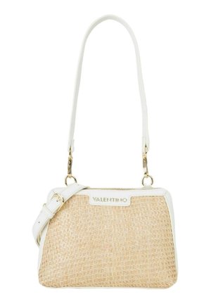 Kleine Valentino-Handtasche mit beigem gewebtem Muster, weißem Lederbesatz, verstellbarem Riemen und goldfarbenen Beschlägen.