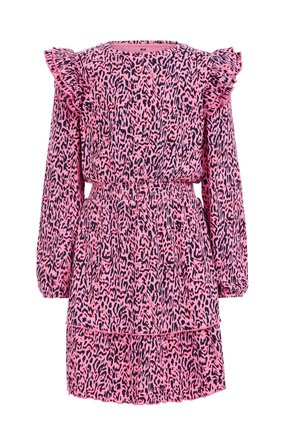 Lyserød og sort leopardprint kjole med lange ærmer, flæsedetaljer ved skuldrene, elastisk talje og flæsekjol.