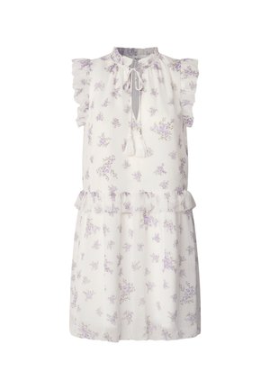 Floral dress in lightweight white fabric with purple patterns, ruffle sleeves, a keyhole neckline with tie, and layered hemline.