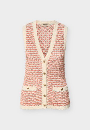 Ærmeløs strikket vest i creme og koralstriber med V-hals, seks gyldne knapper foran og to små forlommer med knapper.